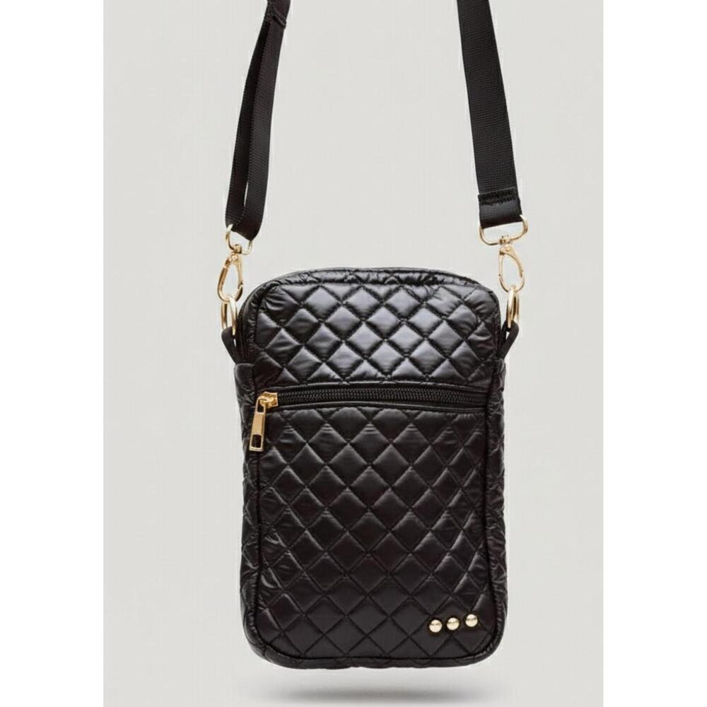 Quilted Crossbody Phone Bag with Gold Hardware - Black